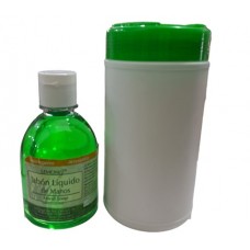 BOTES CON TOALLAS HUMEDAS Y JABÓN LÍQUIDO PARA MANOS 300 ML